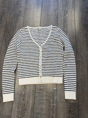 Women's Blue & White Striped V-Neck Button Cardigan